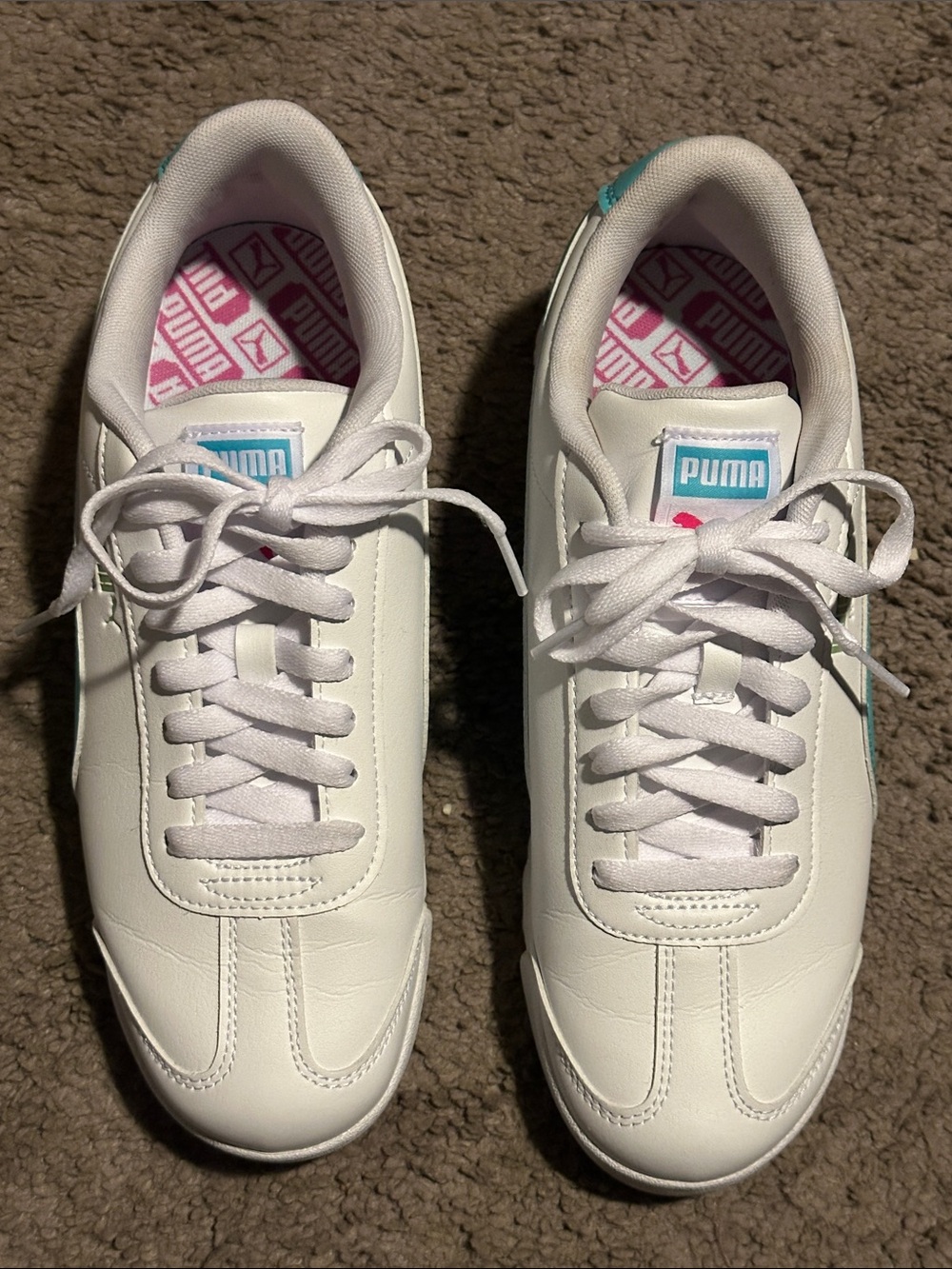 Puma White Leather Sneakers with Pink Insole and Teal Logo